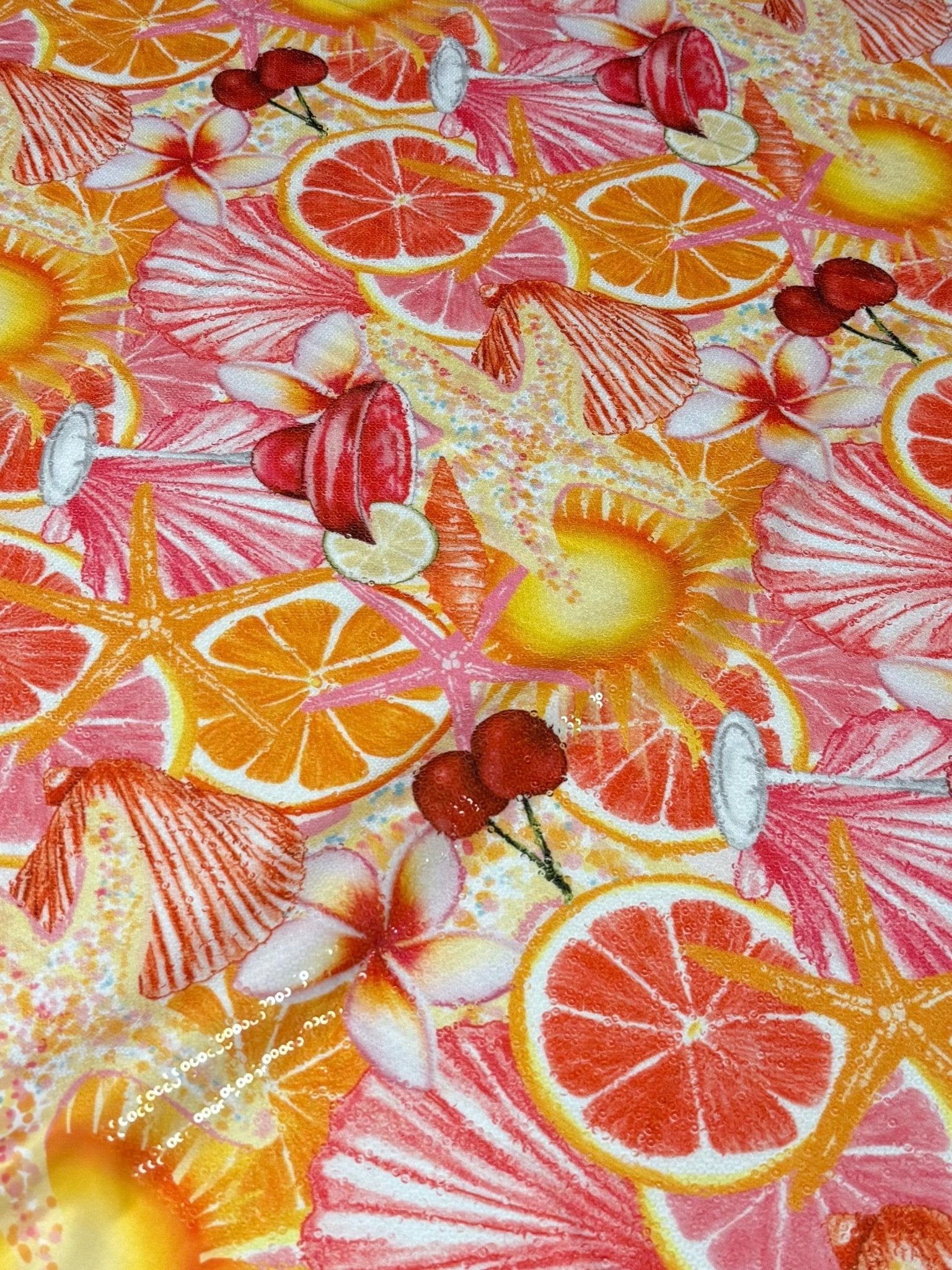 Tropical Seashell & Citrus Sequin Fabric by the Metre - Whotex Fabrics London