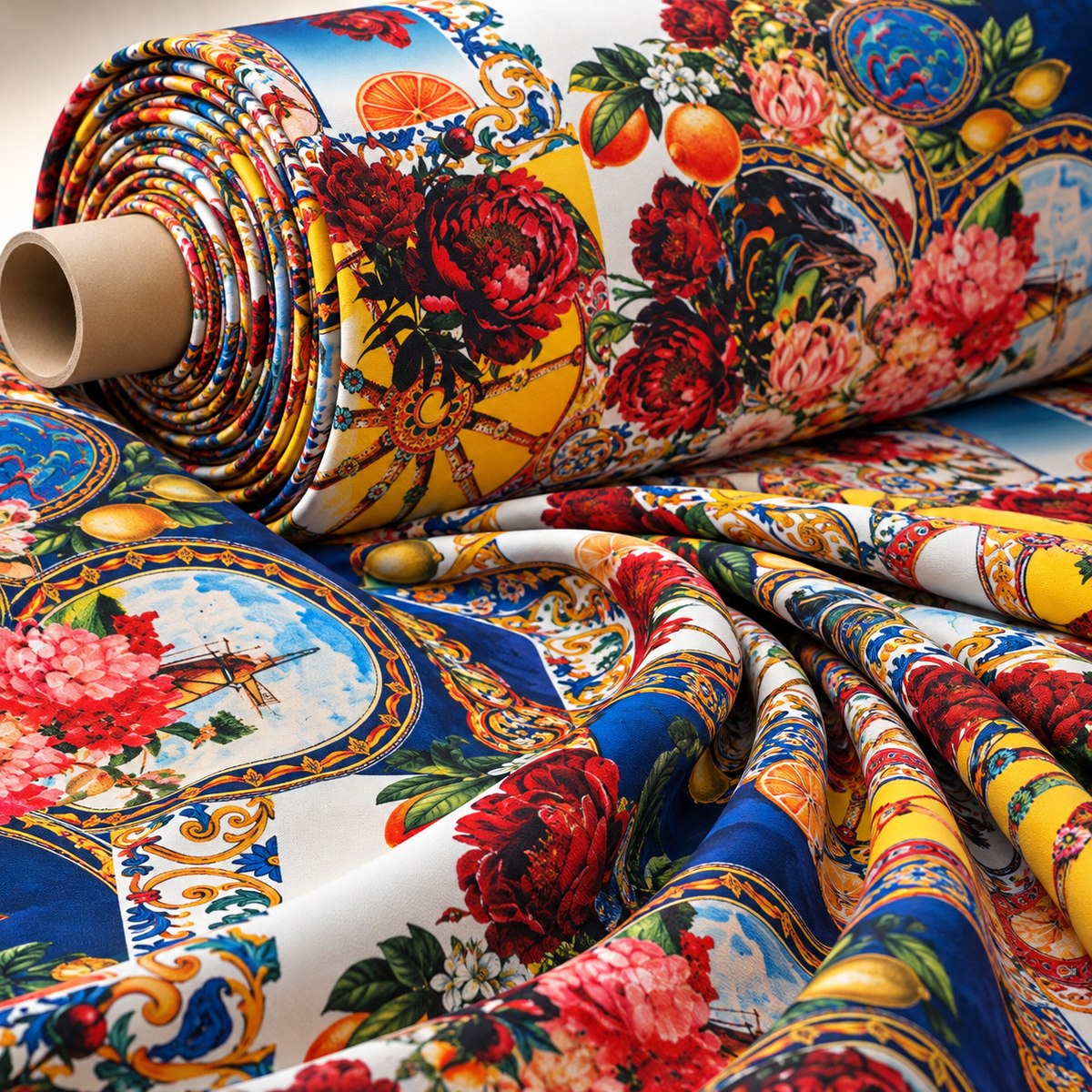 Vibrant Baroque Floral Crepe Fabric by the Metre - Whotex Fabrics London