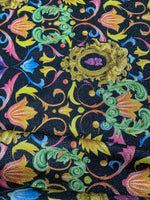 Vibrant Black Pattern Baroque Floral Heart Fabric Sold by Metre - Whotex Fabrics London