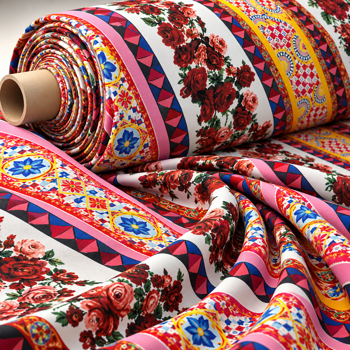 Vibrant Floral Stripe Crepe Fabric by the Metre - Whotex Fabrics London