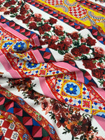 Vibrant Floral Stripe Crepe Fabric by the Metre - Whotex Fabrics London