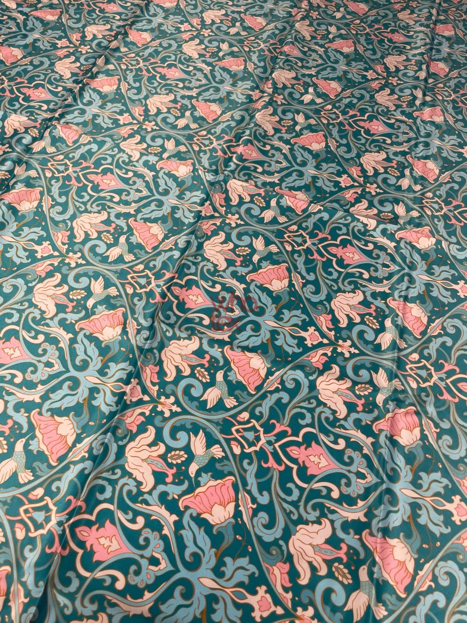 Vintage - Inspired Floral Fabric with Birds – Teal and Pink Ornate Design - Whotex Online Fabric Store