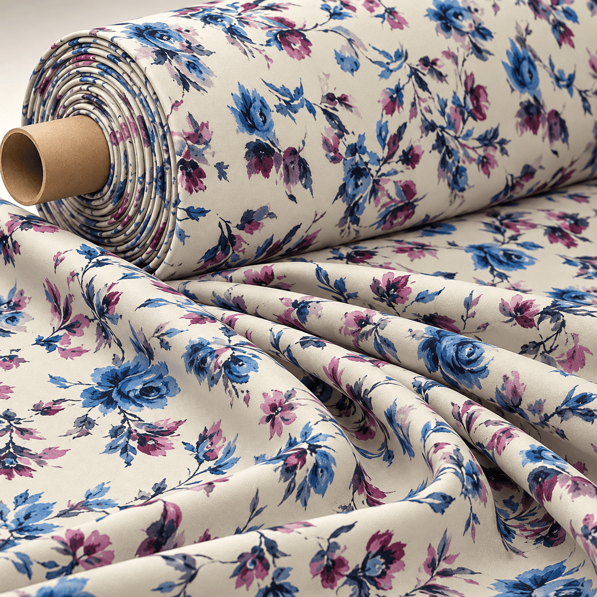 Watercolour Floral Fabric – Blue & Purple Roses - Whotex Fabrics London