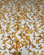 White and Gold Baroque Print Fabric – Available in Satin, Crepe, Spandex & Chiffon | By Metre - Whotex Fabrics London