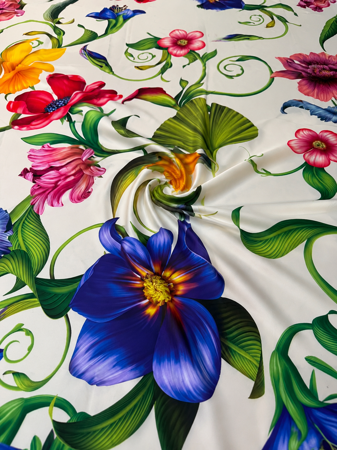 White Floral Satin Fabric by the Metre - Whotex Fabrics London