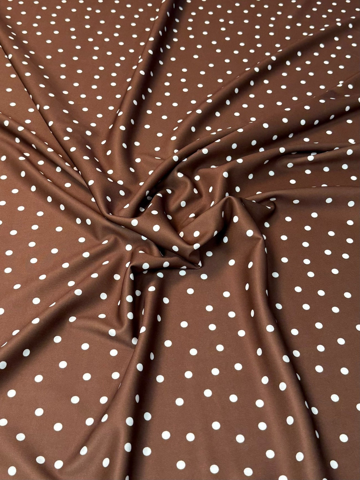 White Polka Dot Fabric on Brown Stretch Scuba Fabric by the Metre - Whotex Fabrics London