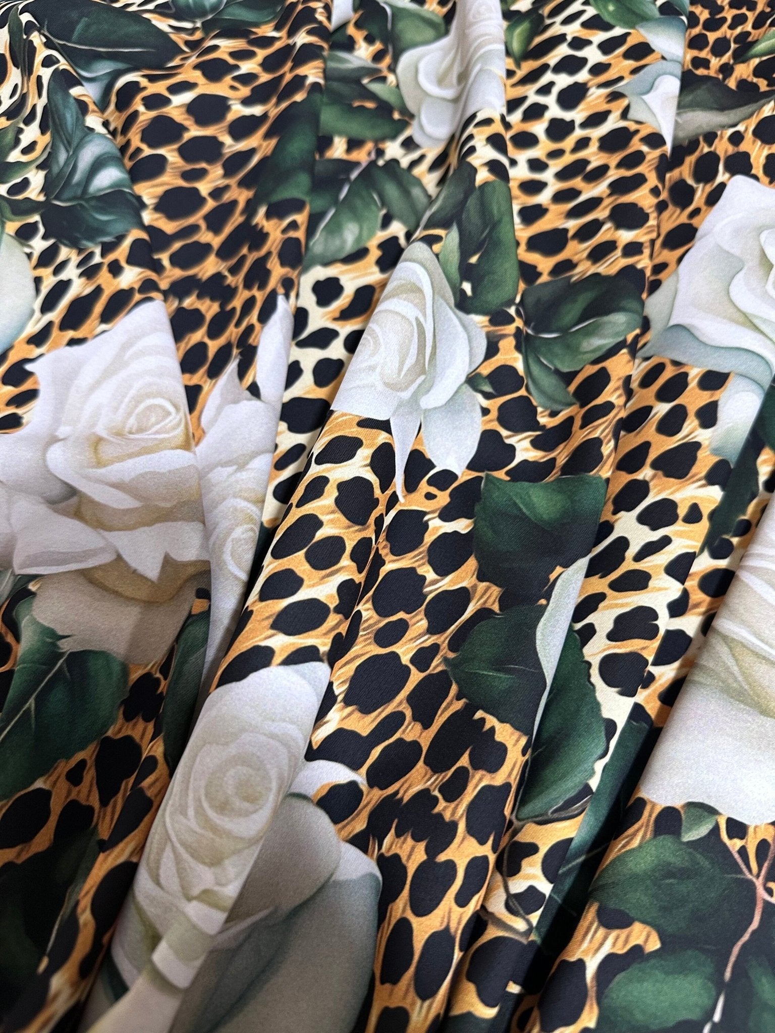 White Rose Pattern Fabric, Cheetah Pattern Bordered Fabric - Whotex Online Fabric Store
