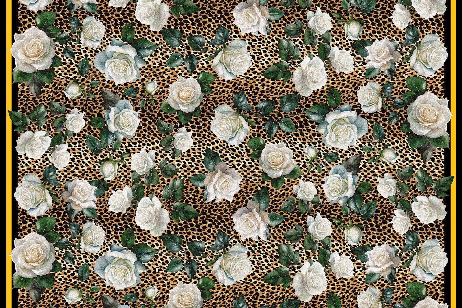 White Rose Pattern Fabric, Cheetah Pattern Bordered Fabric - Whotex Online Fabric Store