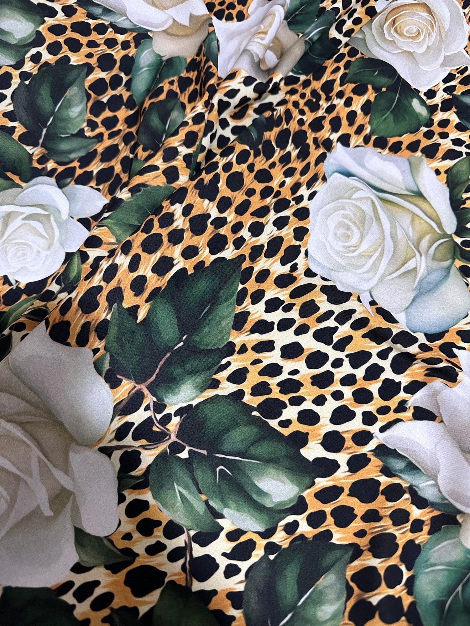 White Rose Pattern Fabric, Cheetah Pattern Bordered Fabric - Whotex Online Fabric Store