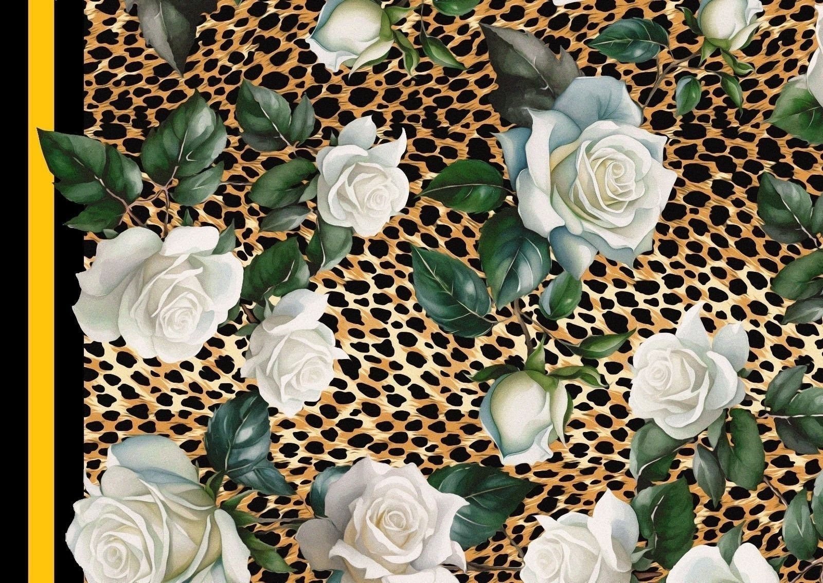 White Rose Pattern Satin Fabric, Cheetah pattern bordered fabric - Whotex