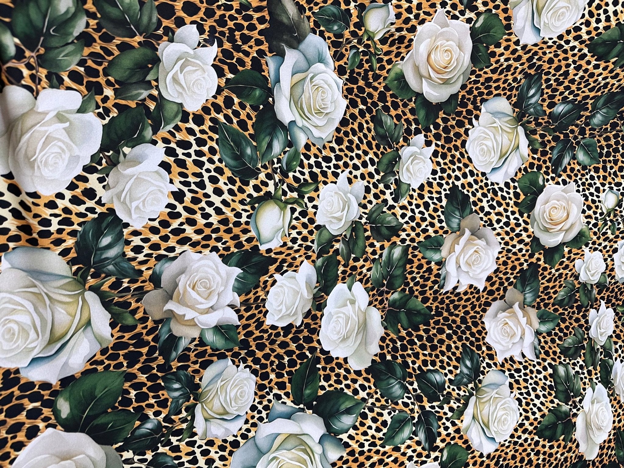 White Rose Pattern Satin Fabric, Cheetah pattern bordered fabric - Whotex