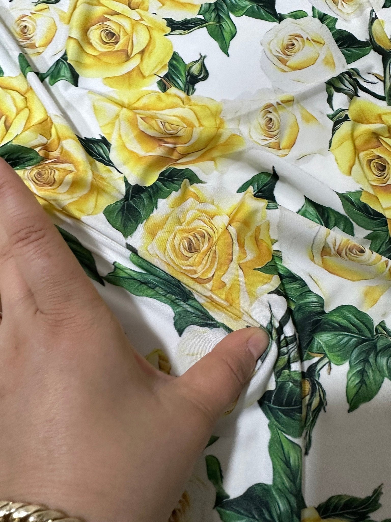 Yellow Rose Patern Fabric, Yellow White spandex 4 - way stretch fabric - Whotex