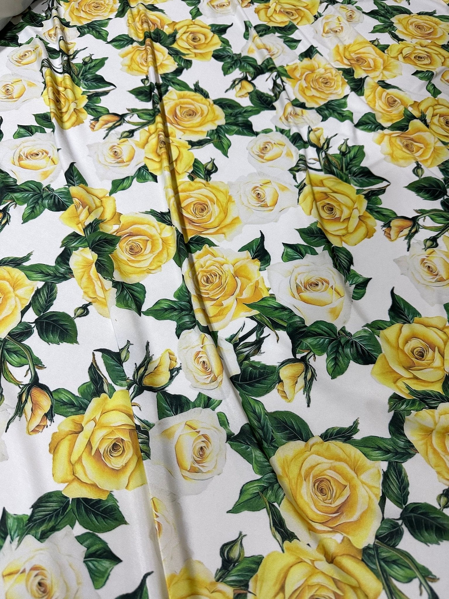 Yellow Rose Patern Fabric, Yellow White spandex 4 - way stretch fabric - Whotex