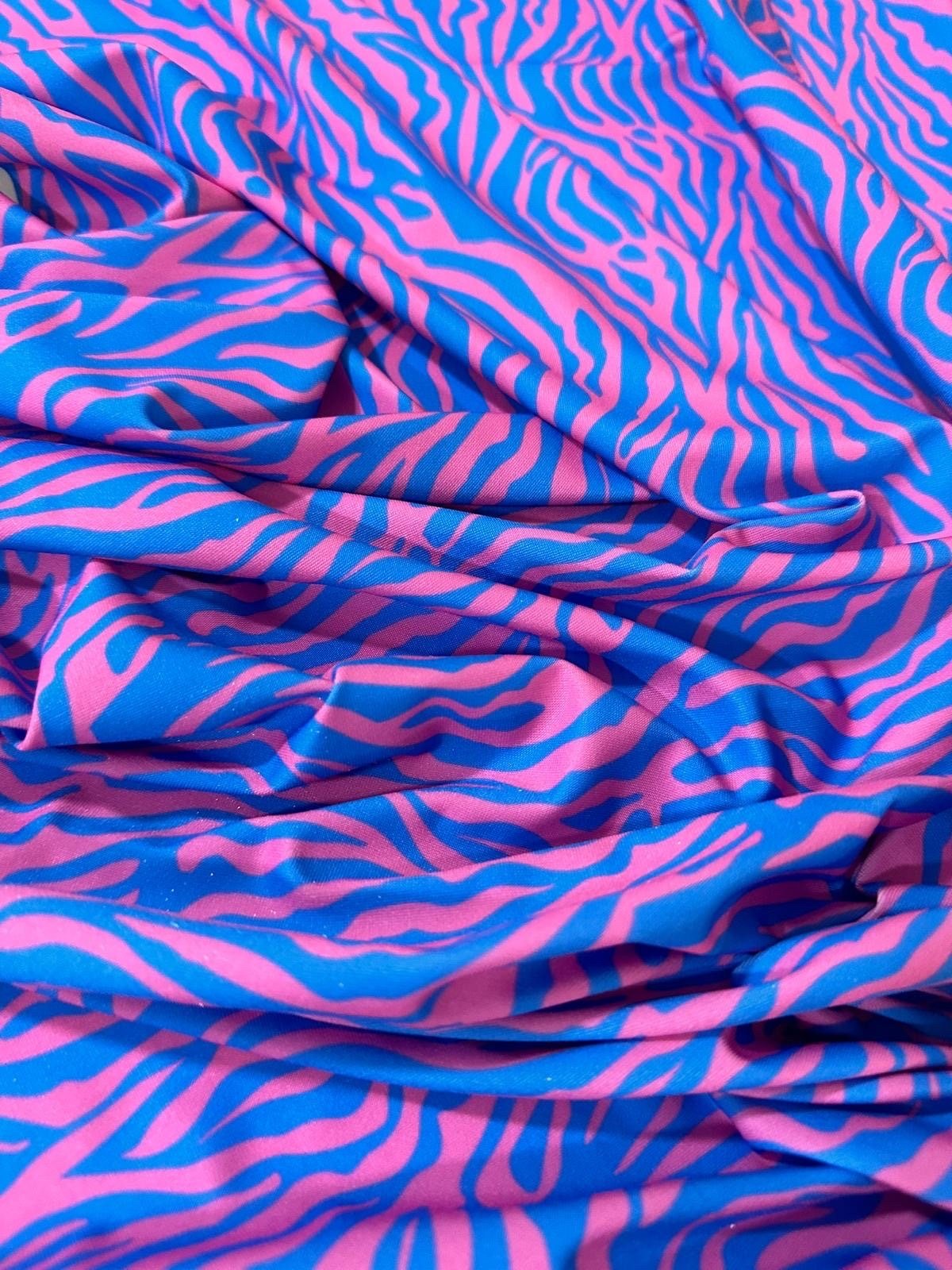 Zebra Pattern Fabric, spandex 4 - way stretch fabric, Blue Pink exotic animal pattern fabric - Whotex