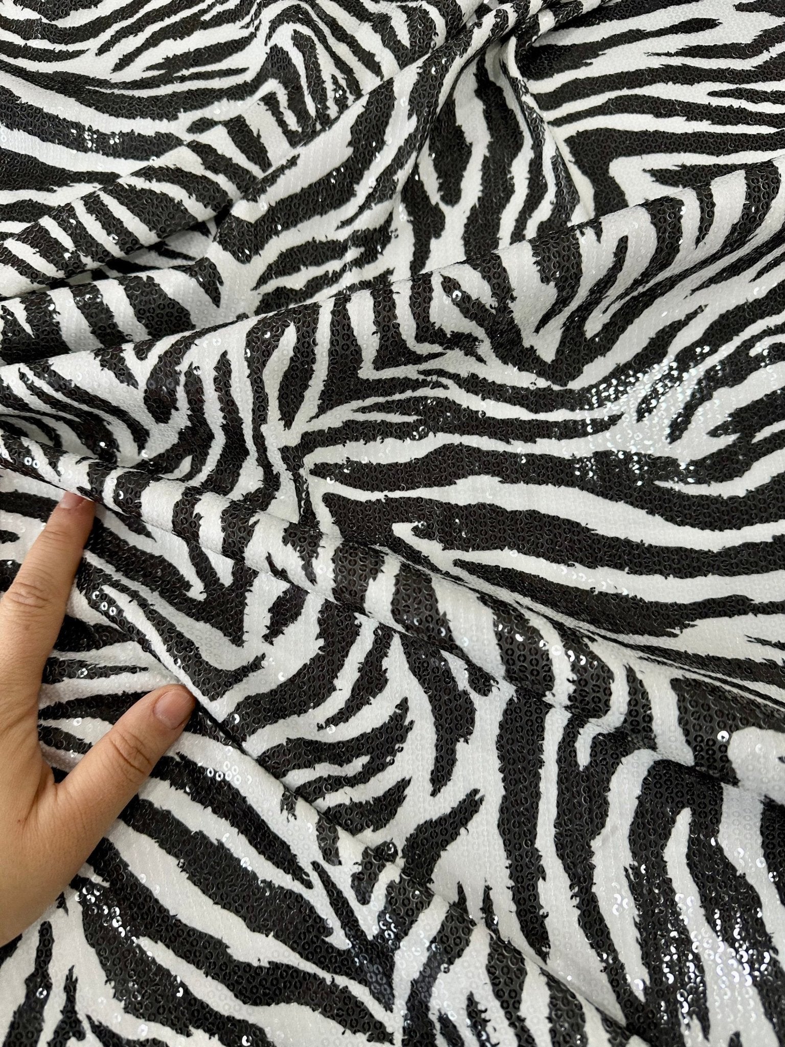 Zebra Print Sequin Fabric, 2 - way stretch Sequin Fabric, exotic animal Pattern Fabric, - Whotex