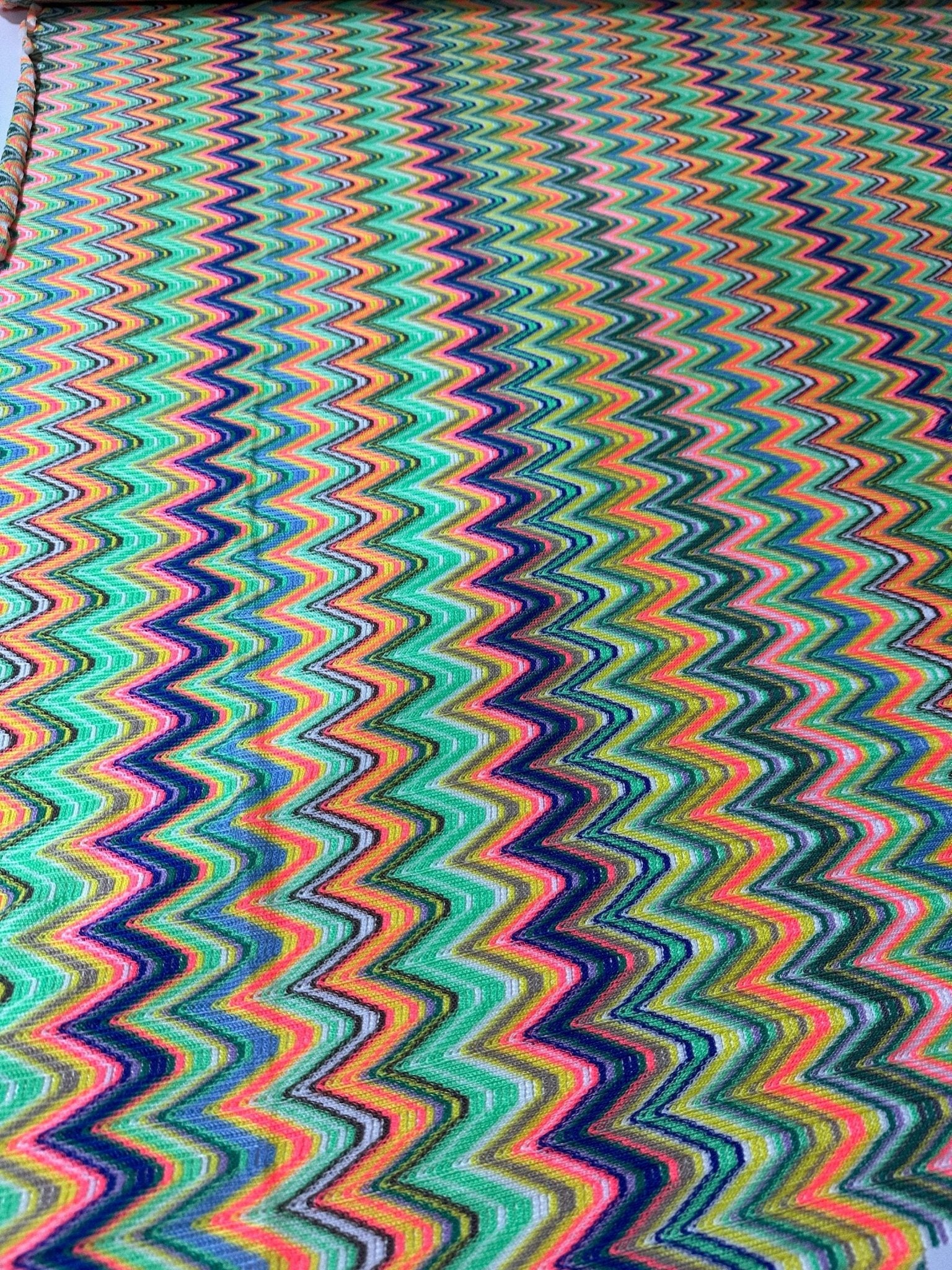 Zigzag Knit Jersey fabric, 4 - way stretch luxury fabric, italian Fabric, dress, pareo, shirt, craft, blouse, Neon color Chevron Fabric - Whotex