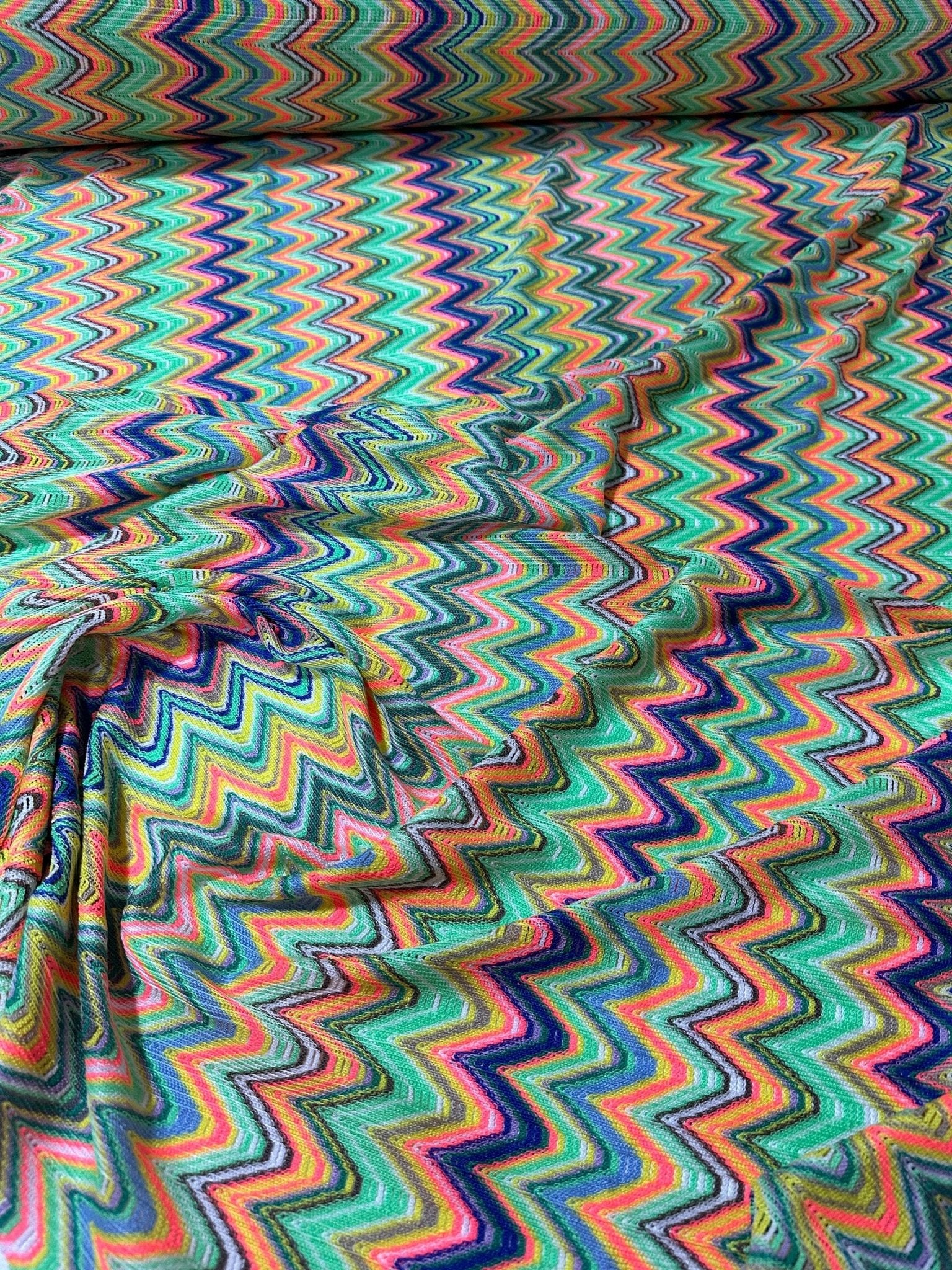 Zigzag Knit Jersey fabric, 4 - way stretch luxury fabric, italian Fabric, dress, pareo, shirt, craft, blouse, Neon color Chevron Fabric - Whotex