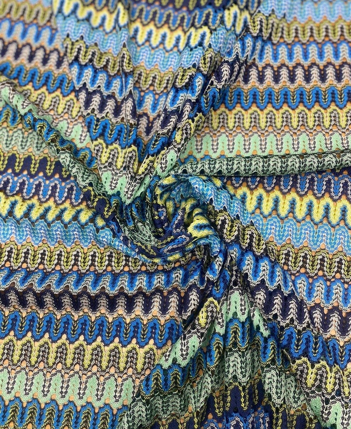 Zigzag Knit Jersey fabric, luxury fabric, italian Fabric, dress, pareo, shirt, craft, blouse, Blue Yellow color Chevron Fabric - Whotex