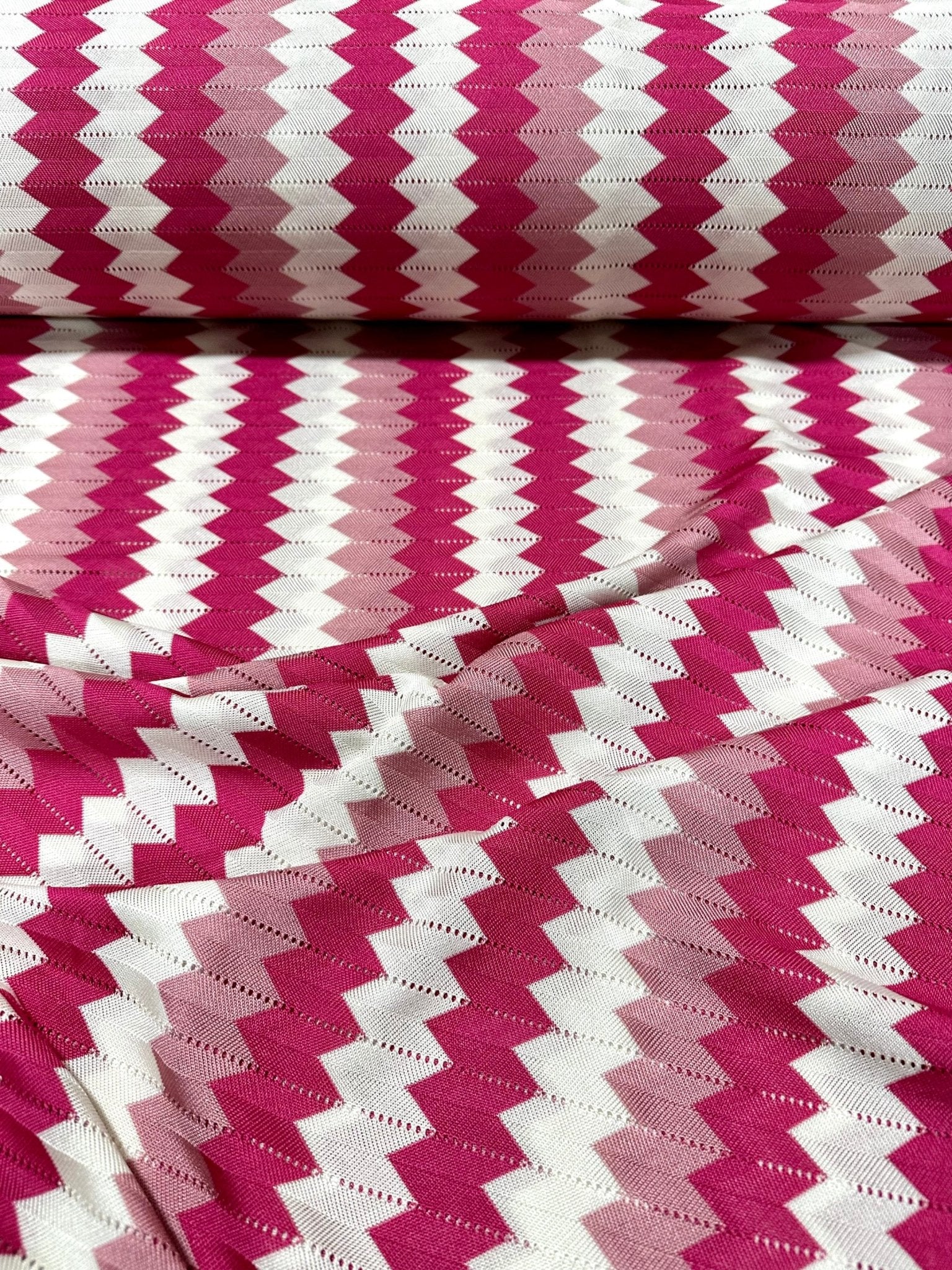 Zigzag Knit Jersey fabric, luxury fabric, italian Fabric, dress, swimwear, pareo, shirt, craft, blouse, Pink White color Chevron Fabric - Whotex Online Fabric Store